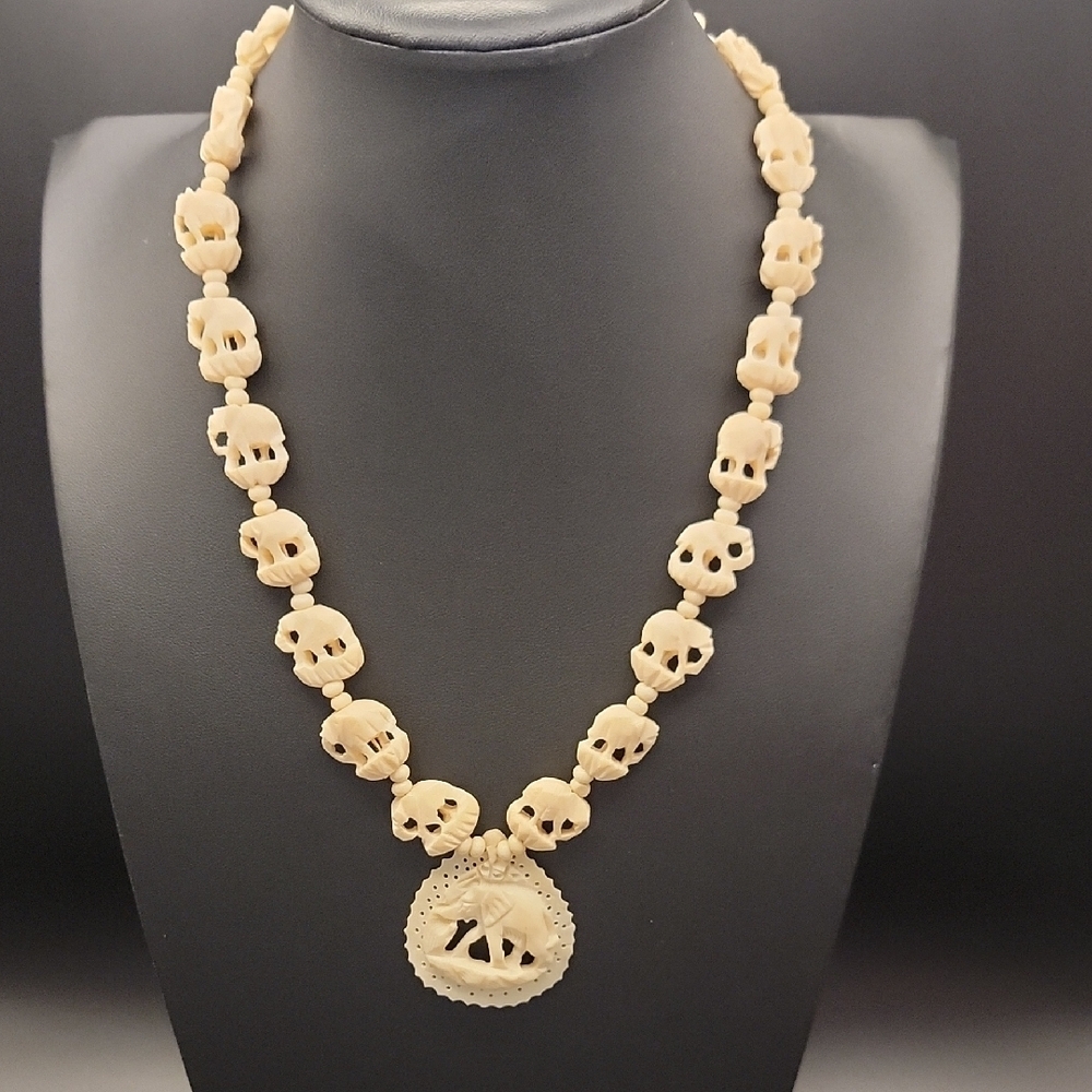 Vintage Hand Carved Celluloid Beaded Elephant 17" Statement Necklace Mid Century